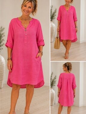 Linen V-Neck Mini Dress in Bright Pink